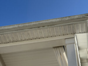 Exterior gutter face in Huntersville, NC, before a soft washing.