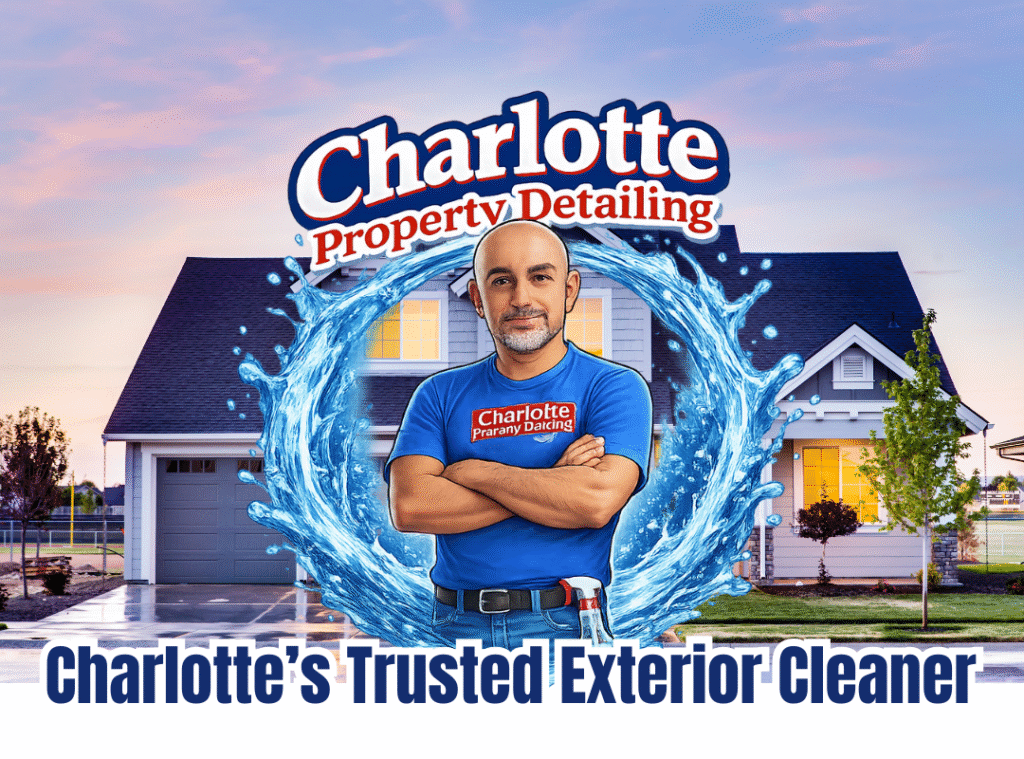 Back round picture of logo - freshly cleaned house - with caption that reads, Charlotte's Trusted Exterior Cleaner.