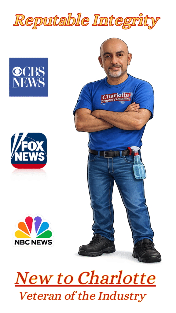 Background picture of mascot character of owner Jerry Johnson standing next to 3 logos of Fox news, CBS News, and NBC news. top caption says Reputable integrity. bottom caption reads, New to Charlotte - Veteran of the industry.